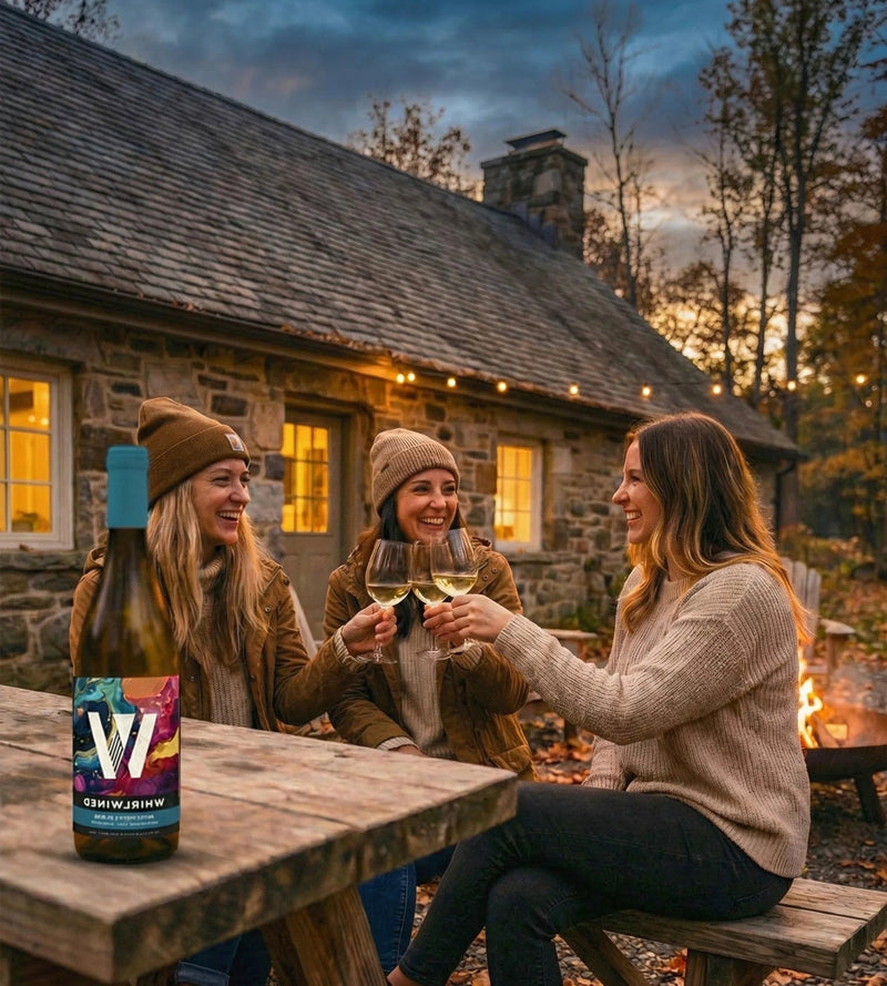 Friends toast with Whirlwined Sauvignon Blanc outside a cozy stone cottage.